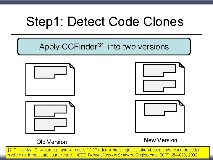 Step 1: Detect Code Clones Apply CCFinder[2] into two versions Old Version New Version