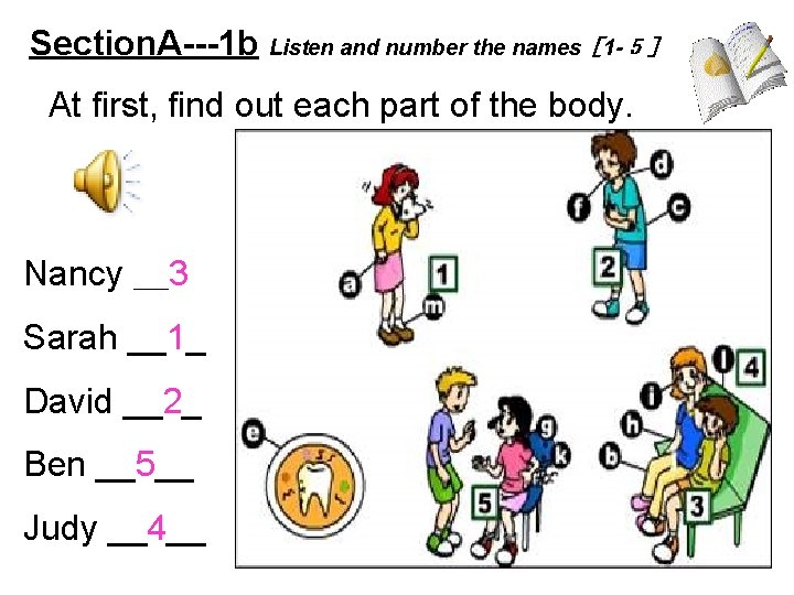 Section. A---1 b Listen and number the names［ 1 -５］ At first, find out