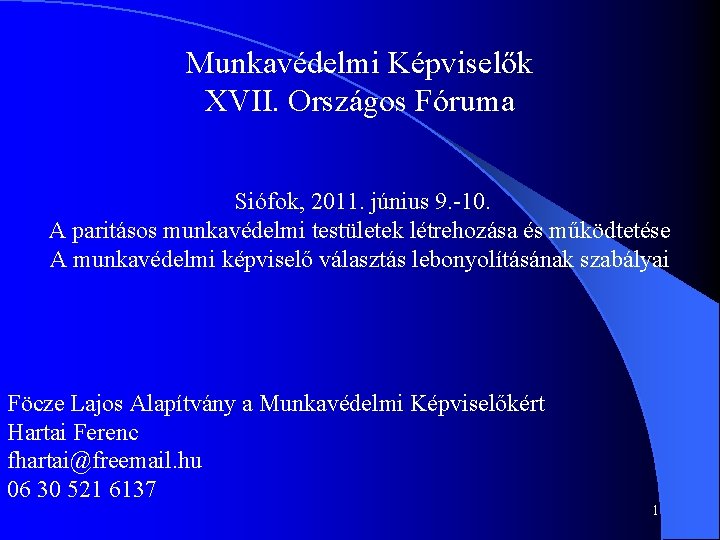 Munkavédelmi Képviselők XVII. Országos Fóruma Siófok, 2011. június 9. -10. A paritásos munkavédelmi testületek