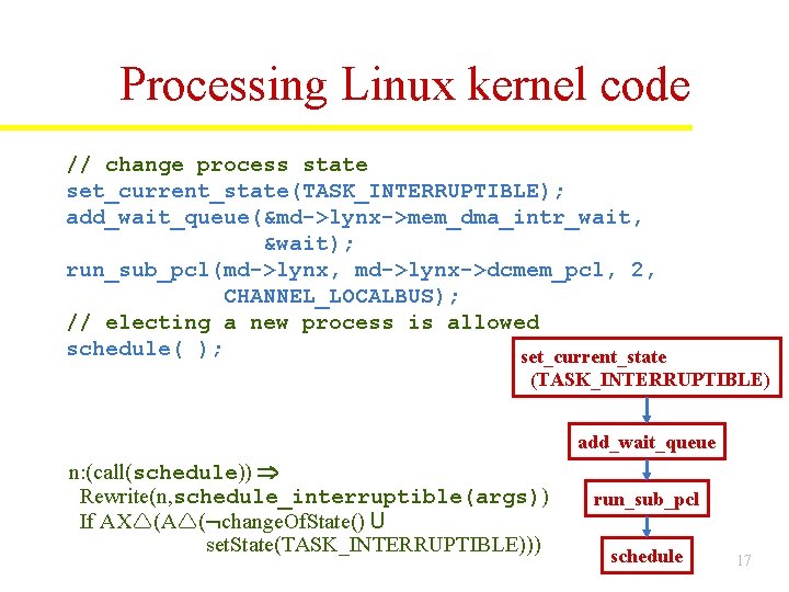 Processing Linux kernel code // change process state set_current_state(TASK_INTERRUPTIBLE); add_wait_queue(&md->lynx->mem_dma_intr_wait, &wait); run_sub_pcl(md->lynx, md->lynx->dcmem_pcl, 2, Processing Linux kernel code // change process state set_current_state(TASK_INTERRUPTIBLE); add_wait_queue(&md->lynx->mem_dma_intr_wait, &wait); run_sub_pcl(md->lynx, md->lynx->dcmem_pcl, 2,