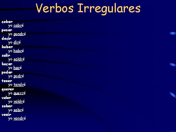 Verbos Irregulares caber yo cabré poner yo pondré decir yo diré haber yo habré