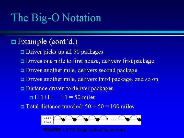 The Big-O Notation Example (cont’d. ) Driver picks up all 50 packages Drives one