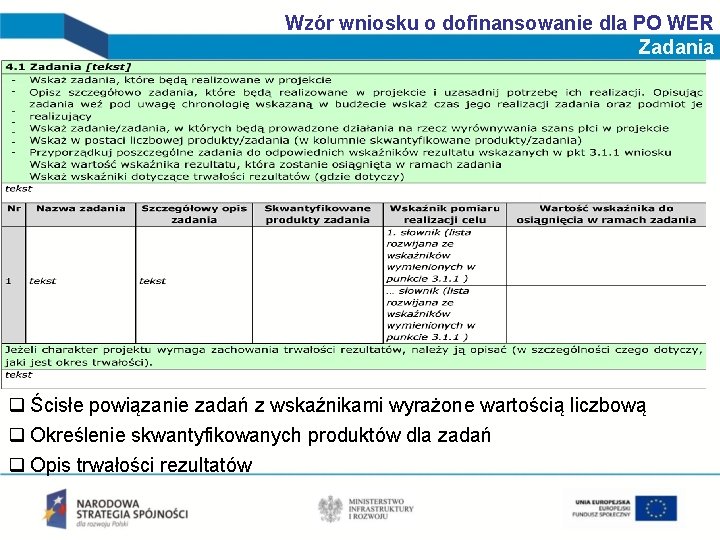 Wzór wniosku o dofinansowanie dla PO WER Zadania q Ścisłe powiązanie zadań z wskaźnikami