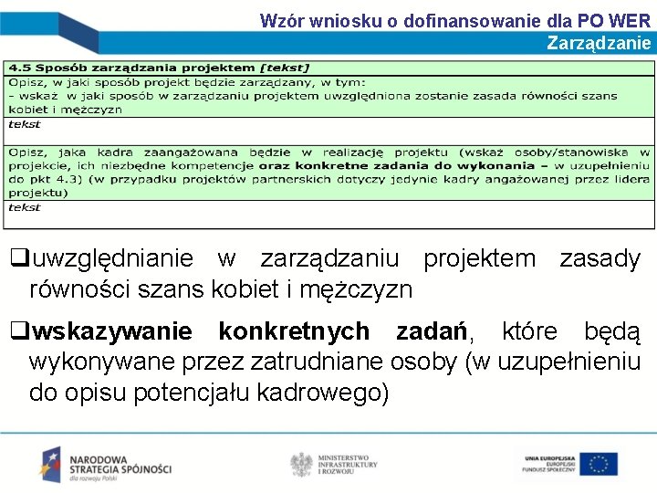 Wzór wniosku o dofinansowanie dla PO WER Zarządzanie quwzględnianie w zarządzaniu projektem zasady równości