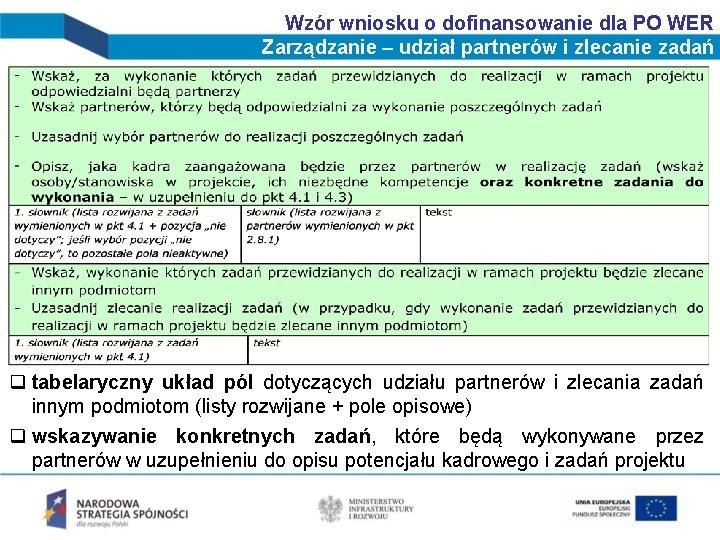 Wzór wniosku o dofinansowanie dla PO WER Zarządzanie – udział partnerów i zlecanie zadań