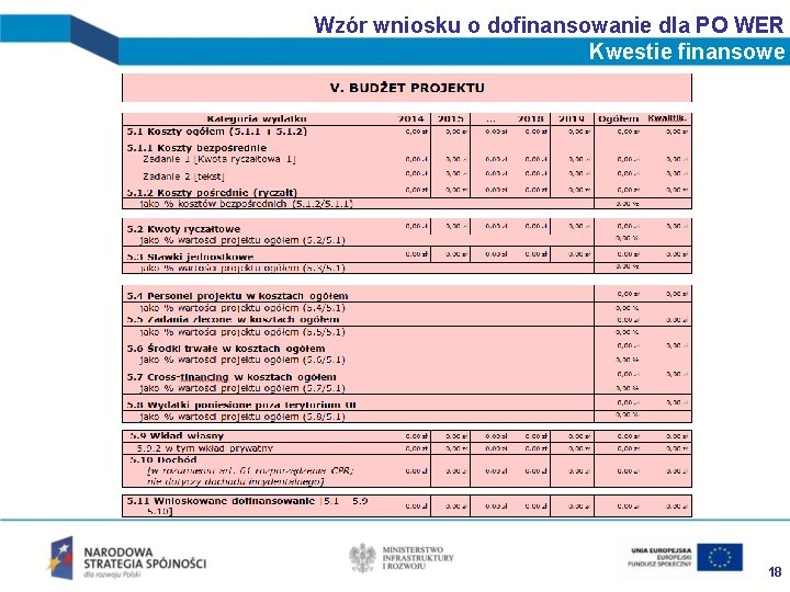Wzór wniosku o dofinansowanie dla PO WER Kwestie finansowe 18 