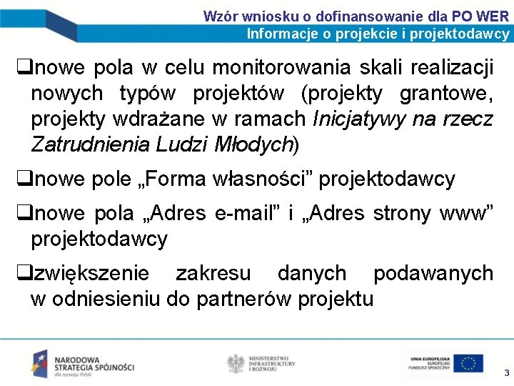 Wzór wniosku o dofinansowanie dla PO WER Informacje o projekcie i projektodawcy qnowe pola