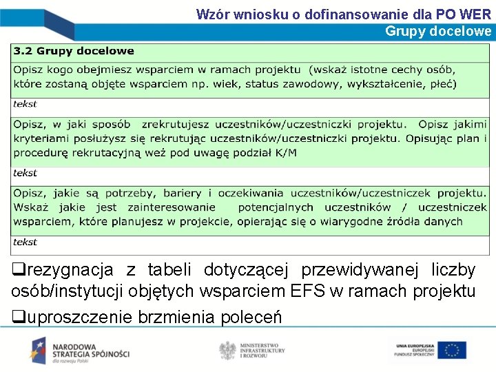 Wzór wniosku o dofinansowanie dla PO WER Grupy docelowe qrezygnacja z tabeli dotyczącej przewidywanej