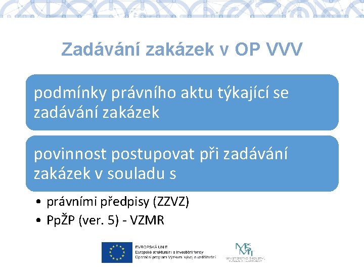 Zadávání zakázek v OP VVV podmínky právního aktu týkající se zadávání zakázek povinnost postupovat