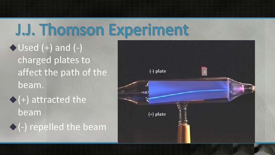 J. J. Thomson Experiment u Used (+) and (-) charged plates to affect the