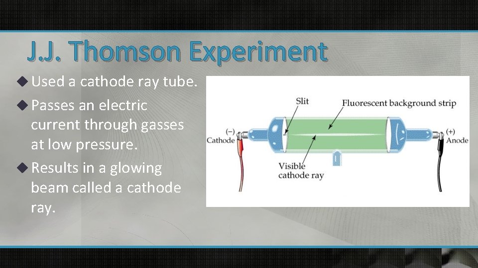 J. J. Thomson Experiment u Used a cathode ray tube. u Passes an electric