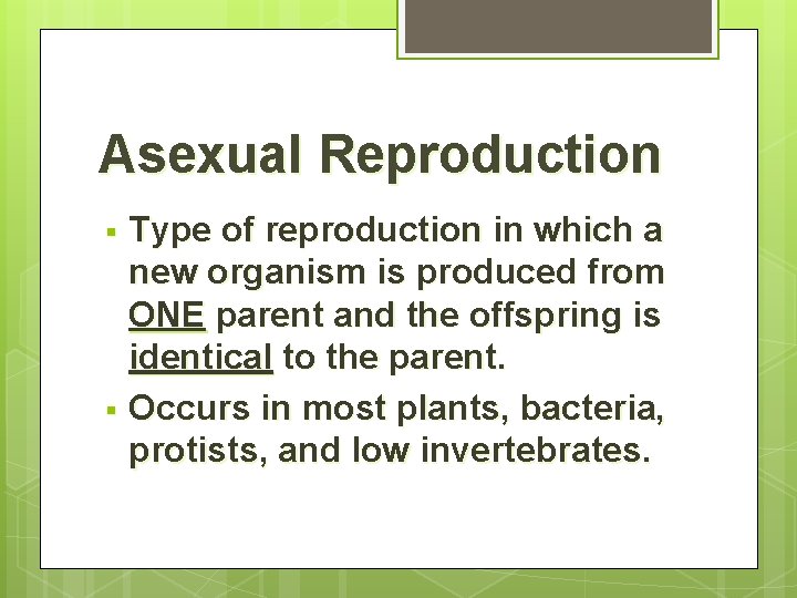 Asexual Reproduction Type of reproduction in which a new organism is produced from ONE