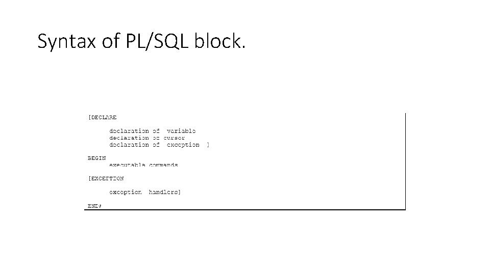 Syntax of PL/SQL block. 