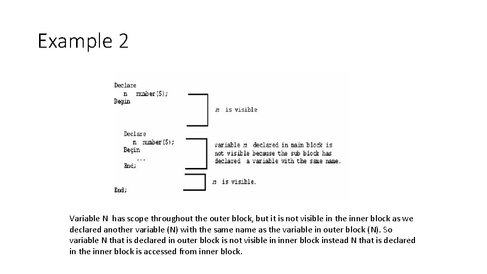 Example 2 Variable N has scope throughout the outer block, but it is not