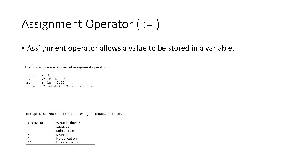 Assignment Operator ( : = ) • Assignment operator allows a value to be