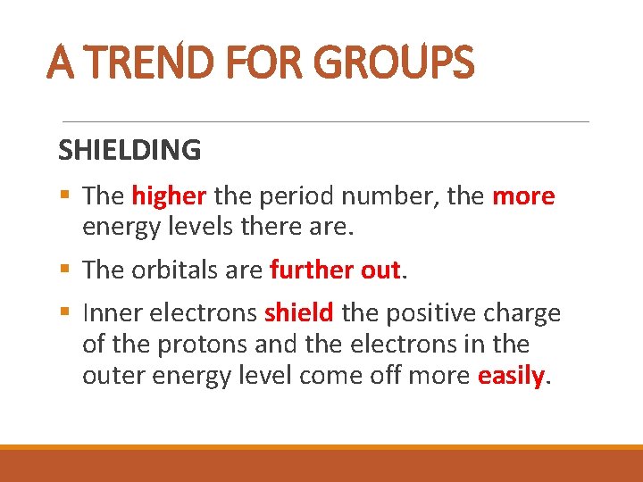 A TREND FOR GROUPS SHIELDING § The higher the period number, the more energy