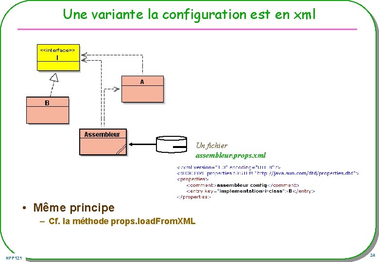 Une variante la configuration est en xml Un fichier assembleur. props. xml • Même