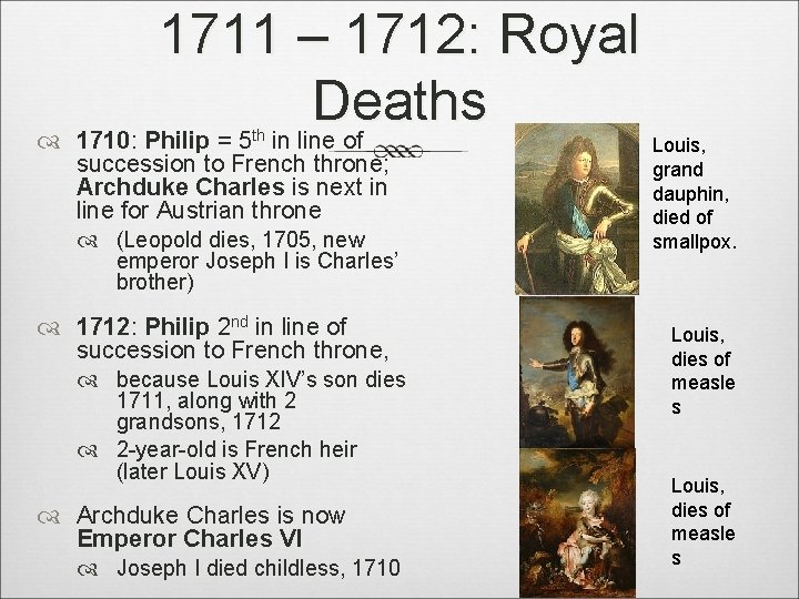1711 – 1712: Royal Deaths 1710: Philip = 5 in line of th succession