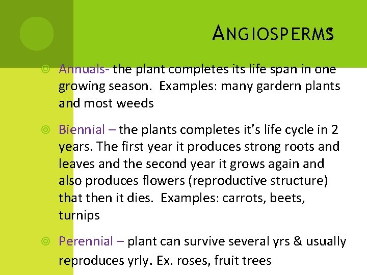 A NGIOSPERMS: Annuals- the plant completes its life span in one growing season. Examples: