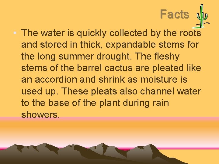 Facts • The water is quickly collected by the roots and stored in thick,