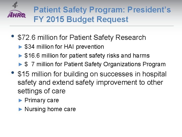 Patient Safety Program: President’s FY 2015 Budget Request • $72. 6 million for Patient Patient Safety Program: President’s FY 2015 Budget Request • $72. 6 million for Patient