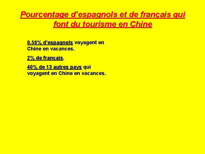 Pourcentage d’espagnols et de français qui font du tourisme en Chine 0, 58% d’espagnols