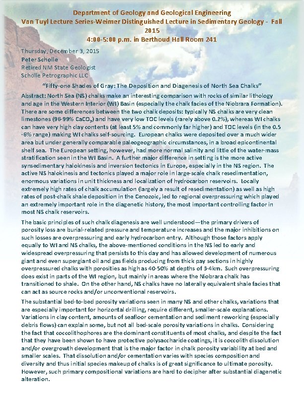 Department of Geology and Geological Engineering Van Tuyl Lecture Series-Weimer Distinguished Lecture in Sedimentary