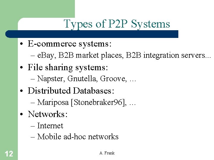 Types of P 2 P Systems • E-commerce systems: – e. Bay, B 2