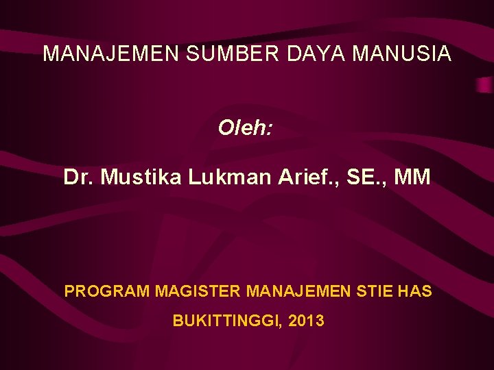 MANAJEMEN SUMBER DAYA MANUSIA Oleh: Dr. Mustika Lukman Arief. , SE. , MM PROGRAM