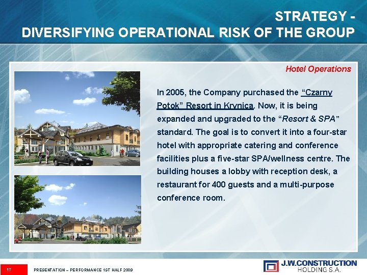 STRATEGY DIVERSIFYING OPERATIONAL RISK OF THE GROUP Hotel Operations In 2005, the Company purchased