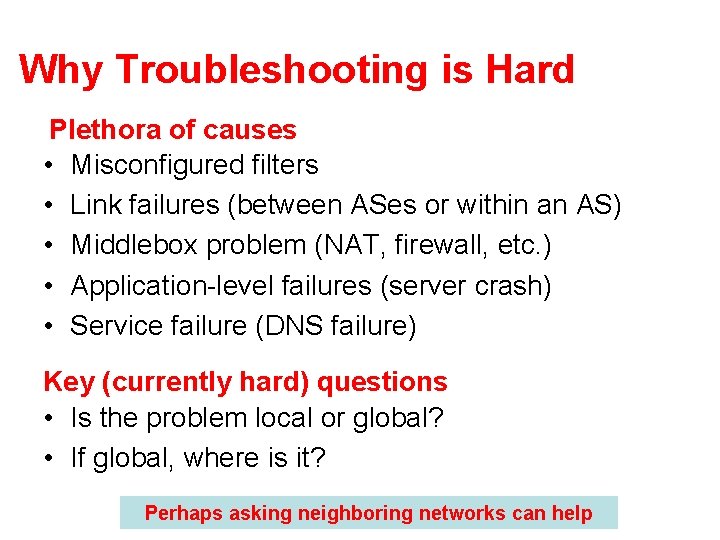 Why Troubleshooting is Hard Plethora of causes • Misconfigured filters • Link failures (between