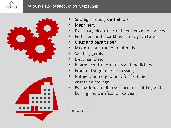 PRIORITY FIELDS OF PRODUCTION IN FEZ SUGHD Sewing threads, knitted fabrics Machinery Electrical, electronic