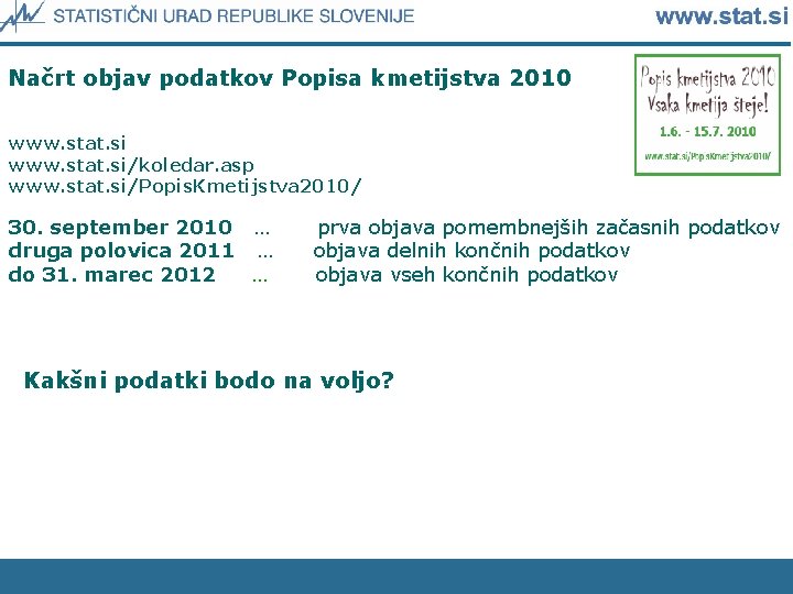 Načrt objav podatkov Popisa kmetijstva 2010 www. stat. si/koledar. asp www. stat. si/Popis. Kmetijstva