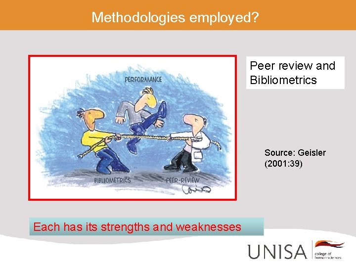 Methodologies employed? Peer review and Bibliometrics Source: Geisler (2001: 39) Each has its strengths