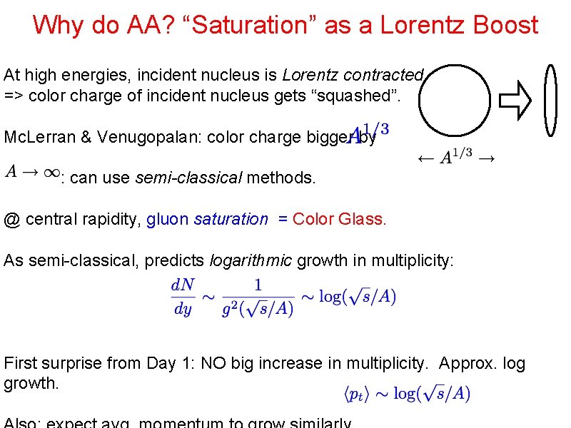 Why do AA? “Saturation” as a Lorentz Boost At high energies, incident nucleus is