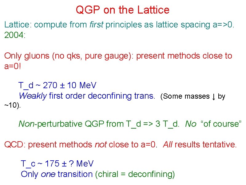 QGP on the Lattice: compute from first principles as lattice spacing a=>0. 2004: Only