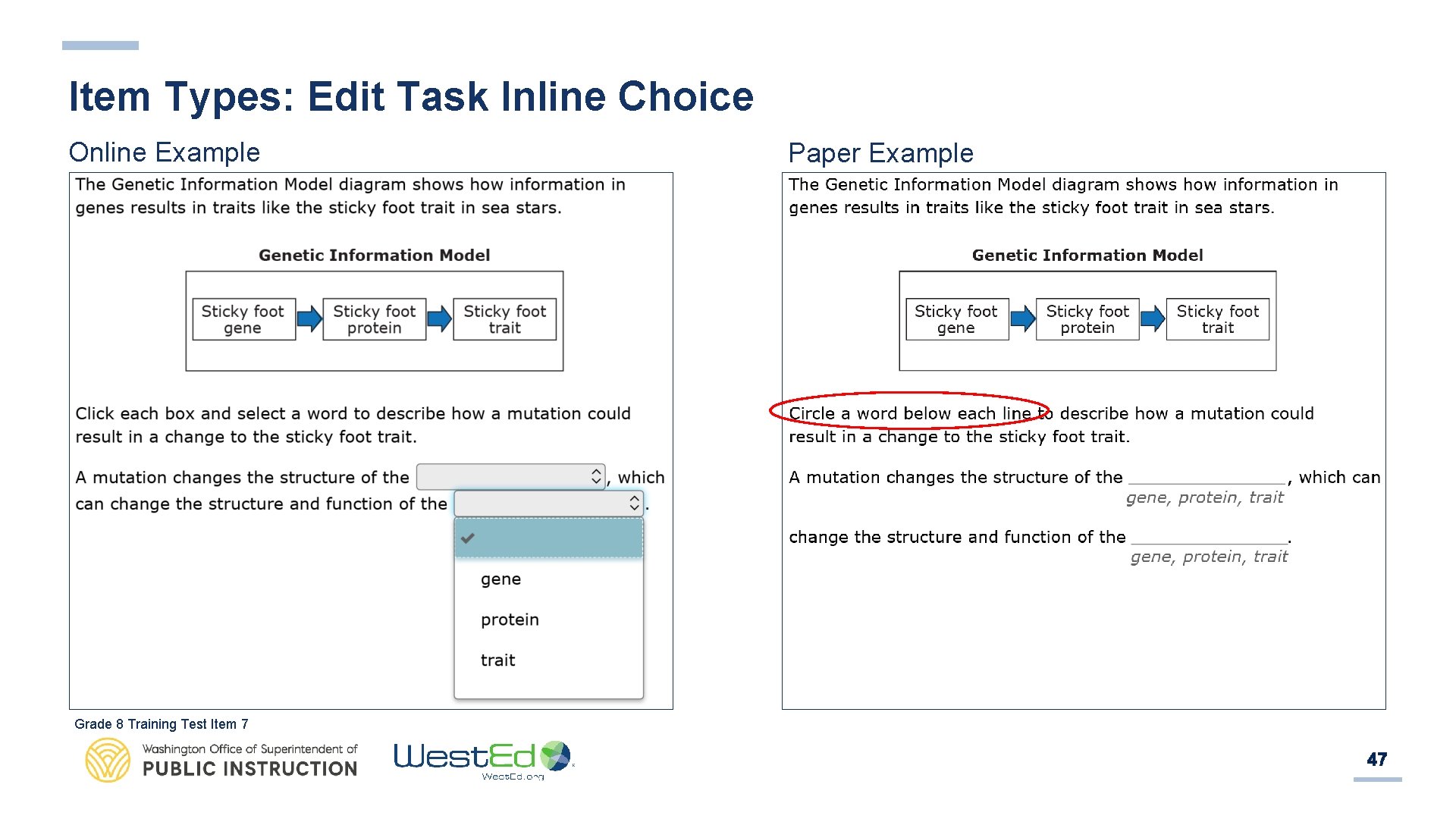 Item Types: Edit Task Inline Choice Online Example Paper Example Grade 8 Training Test