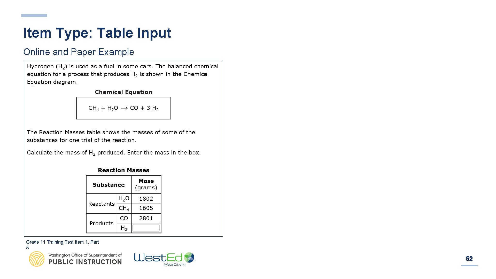 Item Type: Table Input Online and Paper Example Grade 11 Training Test Item 1,