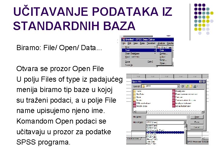 UČITAVANJE PODATAKA IZ STANDARDNIH BAZA Biramo: File/ Open/ Data. . . Otvara se prozor