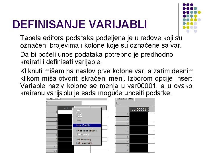 DEFINISANJE VARIJABLI Tabela editora podataka podeljena je u redove koji su označeni brojevima i