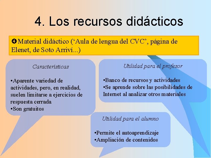 4. Los recursos didácticos Material didáctico (‘Aula de lengua del CVC’, página de Elenet,