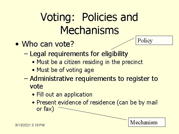 Voting: Policies and Mechanisms • Who can vote? Policy – Legal requirements for eligibility