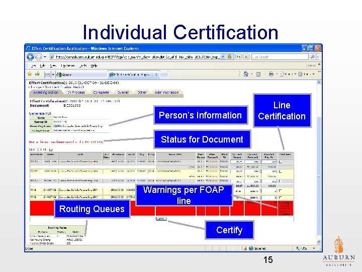 Individual Certification Person’s Information Line Certification Status for Document Routing Queues Warnings per FOAP