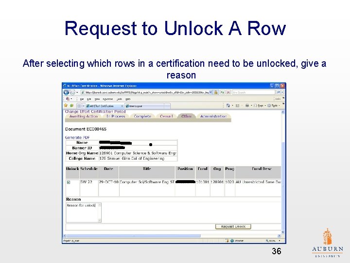 Request to Unlock A Row After selecting which rows in a certification need to