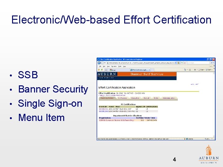 Electronic/Web-based Effort Certification • • SSB Banner Security Single Sign-on Menu Item 4 