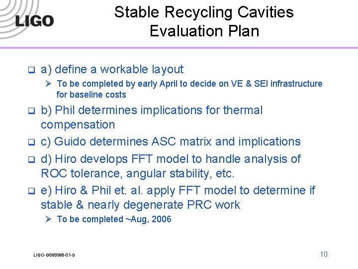 Stable Recycling Cavities Evaluation Plan q a) define a workable layout Ø To be