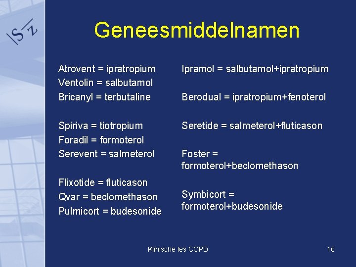 Geneesmiddelnamen Atrovent = ipratropium Ventolin = salbutamol Bricanyl = terbutaline Ipramol = salbutamol+ipratropium Spiriva