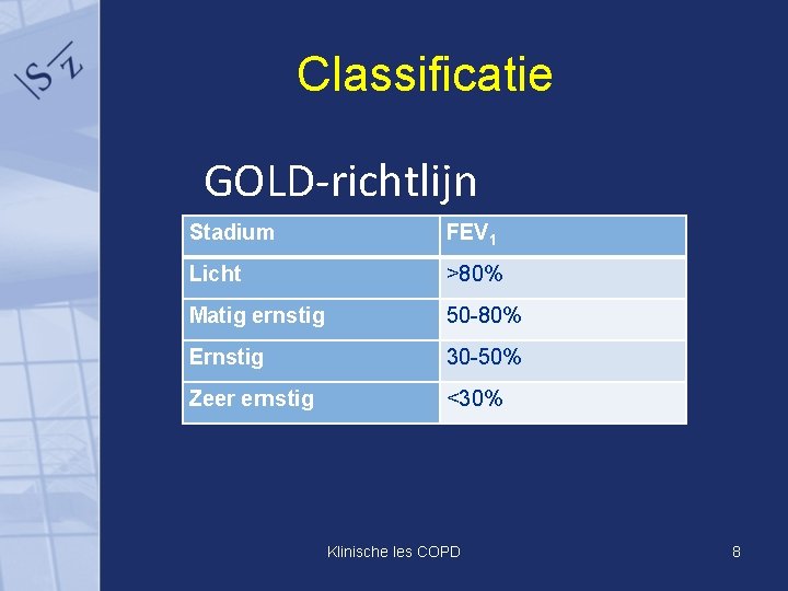 Classificatie GOLD-richtlijn Stadium FEV 1 Licht >80% Matig ernstig 50 -80% Ernstig 30 -50%