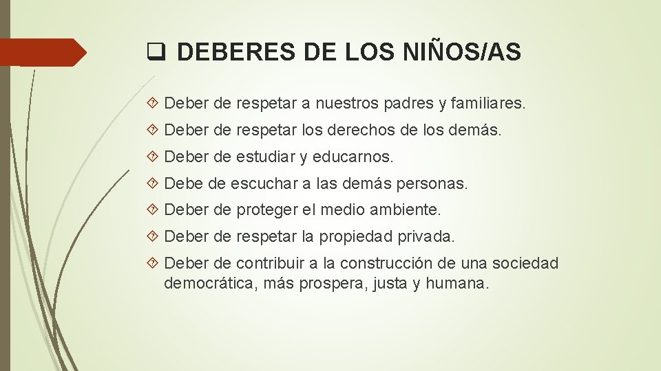 q DEBERES DE LOS NIÑOS/AS Deber de respetar a nuestros padres y familiares. Deber