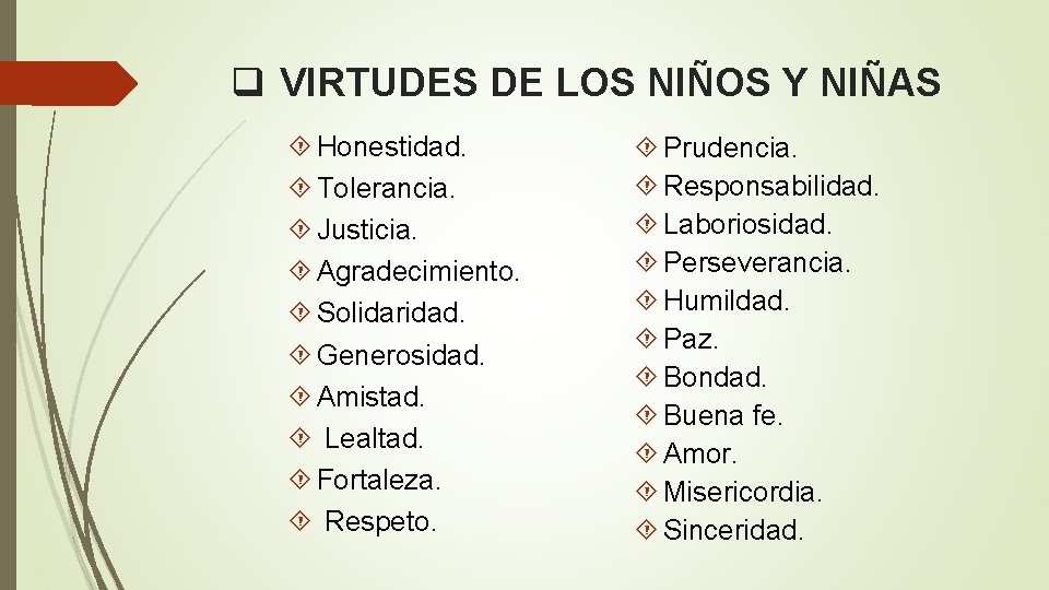 q VIRTUDES DE LOS NIÑOS Y NIÑAS Honestidad. Tolerancia. Justicia. Agradecimiento. Solidaridad. Generosidad. Amistad.